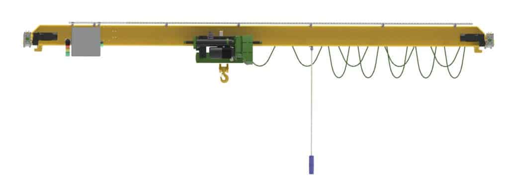 Render van een bovenloopkraan met een festoon kabelwagensysteem, waarbij de kabel in lussen naast de ligger hangt