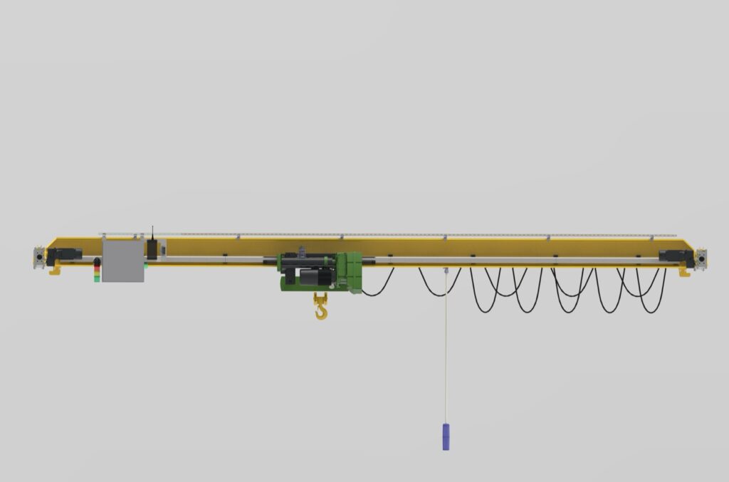 Bovenloopkraan met een festoon kabelwagensysteem, waarbij de vlakkabel in lussen naast de ligger hangt